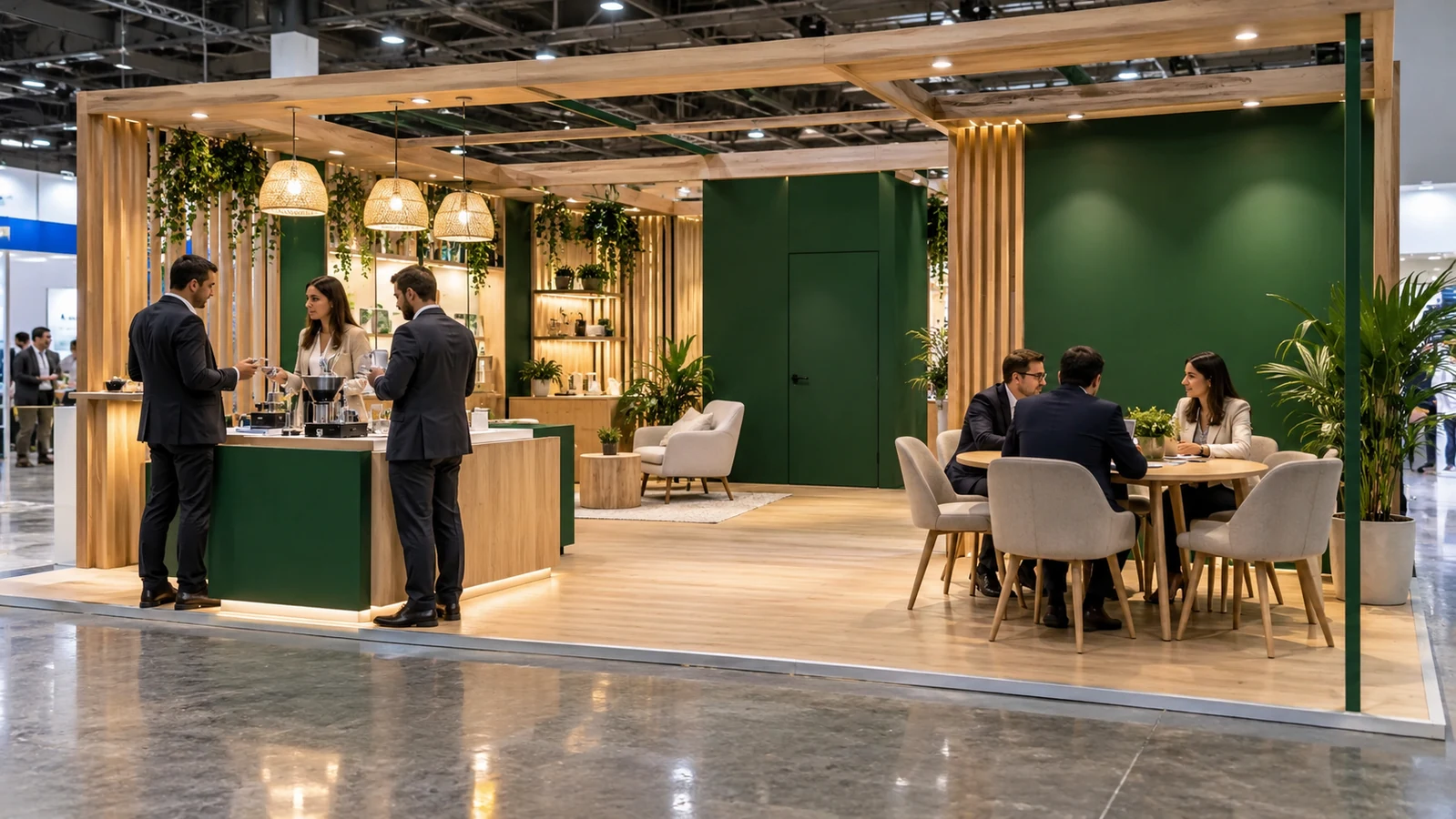 Stand de taille intermédiaire avec espace démonstration et table de rendez-vous
