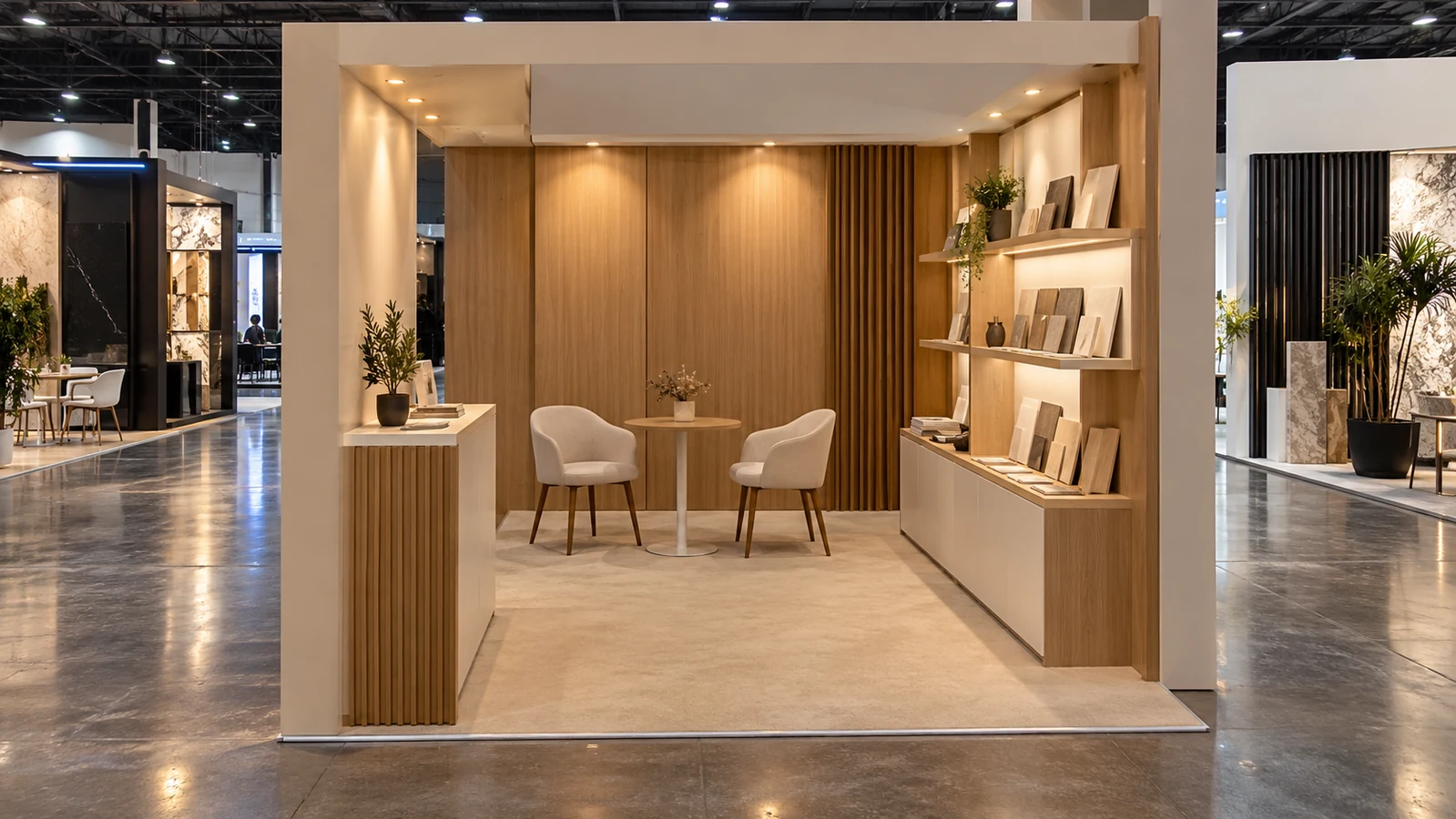 Petit stand de salon avec comptoir latéral, étagères et circulation dégagée