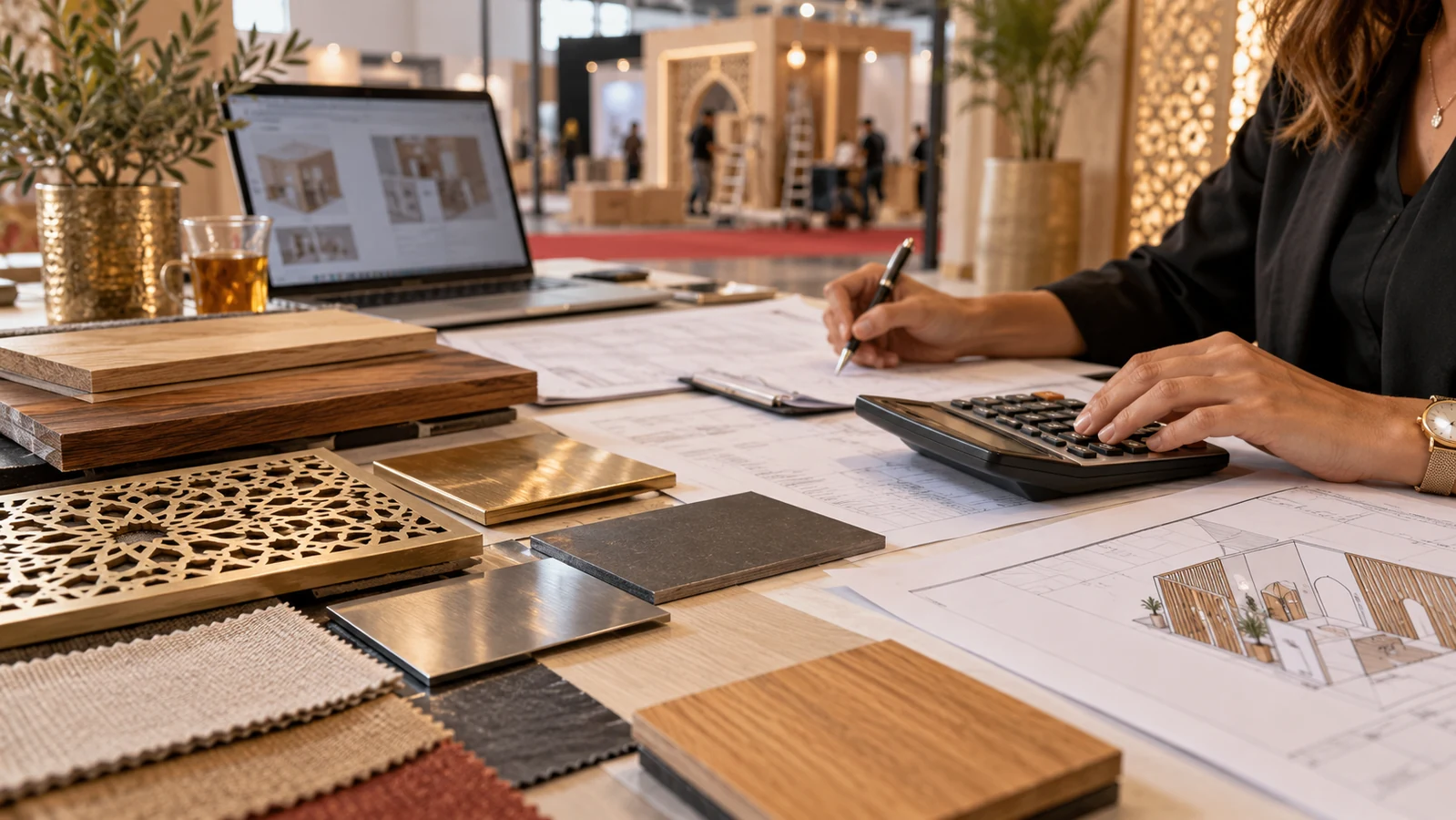 Calculatrice et échantillons de finition sur une table de préparation budgétaire