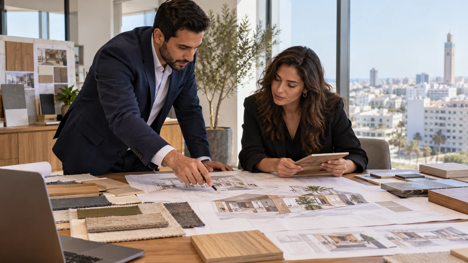 Équipe préparant un brief de stand avec plans et échantillons dans un bureau