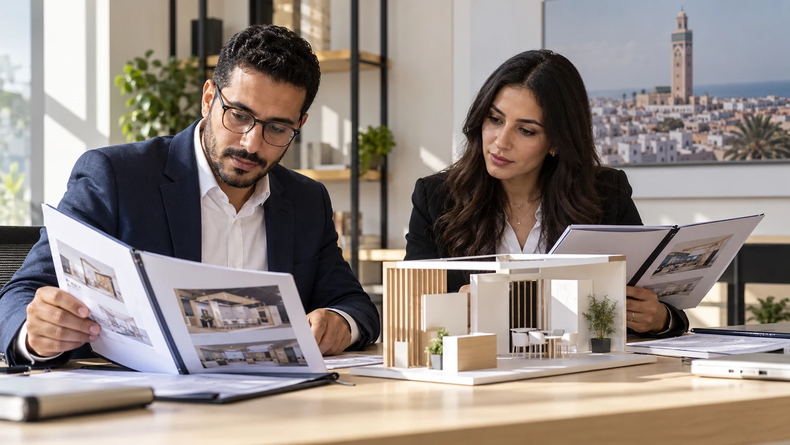 Professionnels comparant des dossiers de devis et une maquette de stand