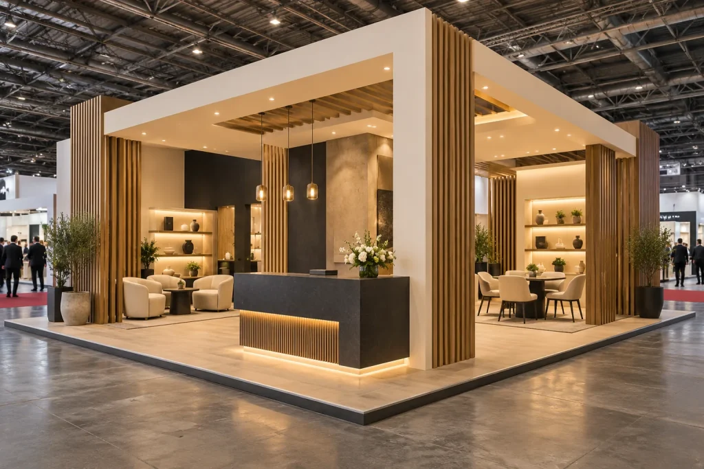 Stand d’exposition en bois clair avec comptoir et espaces de réunion