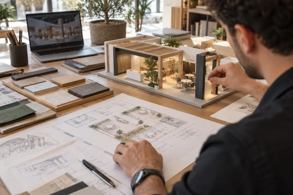 Étude d’une maquette de stand avec plans et échantillons