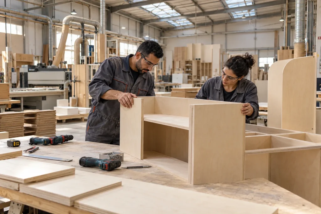 Assemblage de modules en contreplaqué dans un atelier de fabrication