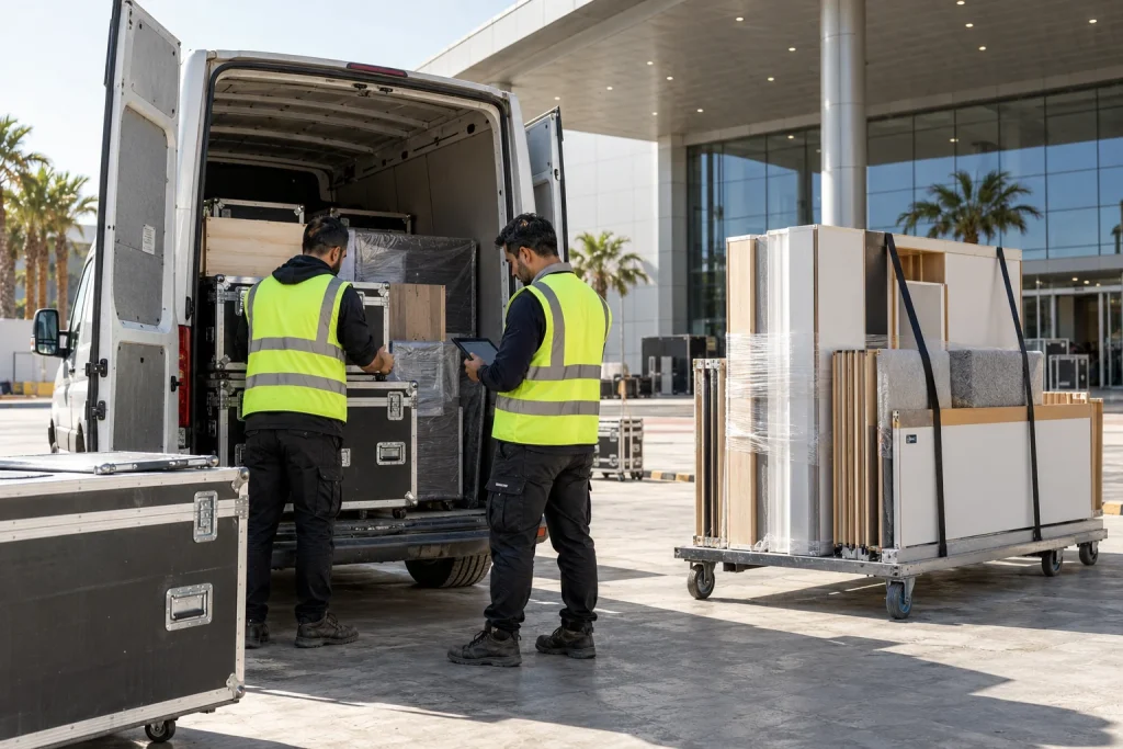 Préparation de caisses et de modules pour la logistique d’un salon