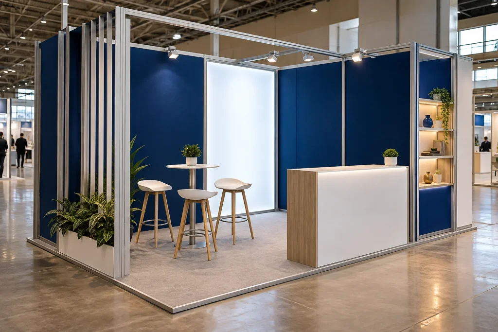 Stand modulaire à structure aluminium et panneaux bleus