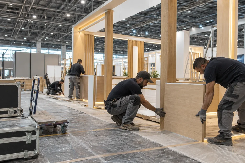 Montage de cloisons de stand dans un hall d’exposition