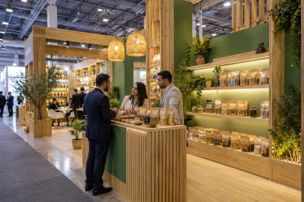 Présentation de produits et échanges professionnels sur un stand