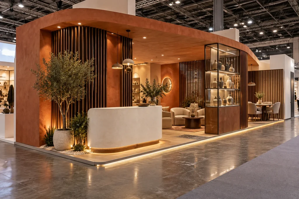 Stand sur mesure aux parois courbes et finitions terracotta